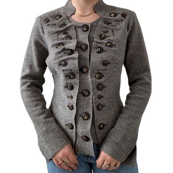 Casch Copenhagen Sweaters - Casch Copenhagen Womens Gray Hippie 100% Wool Faeriecore Frill Cardigan Sz 38